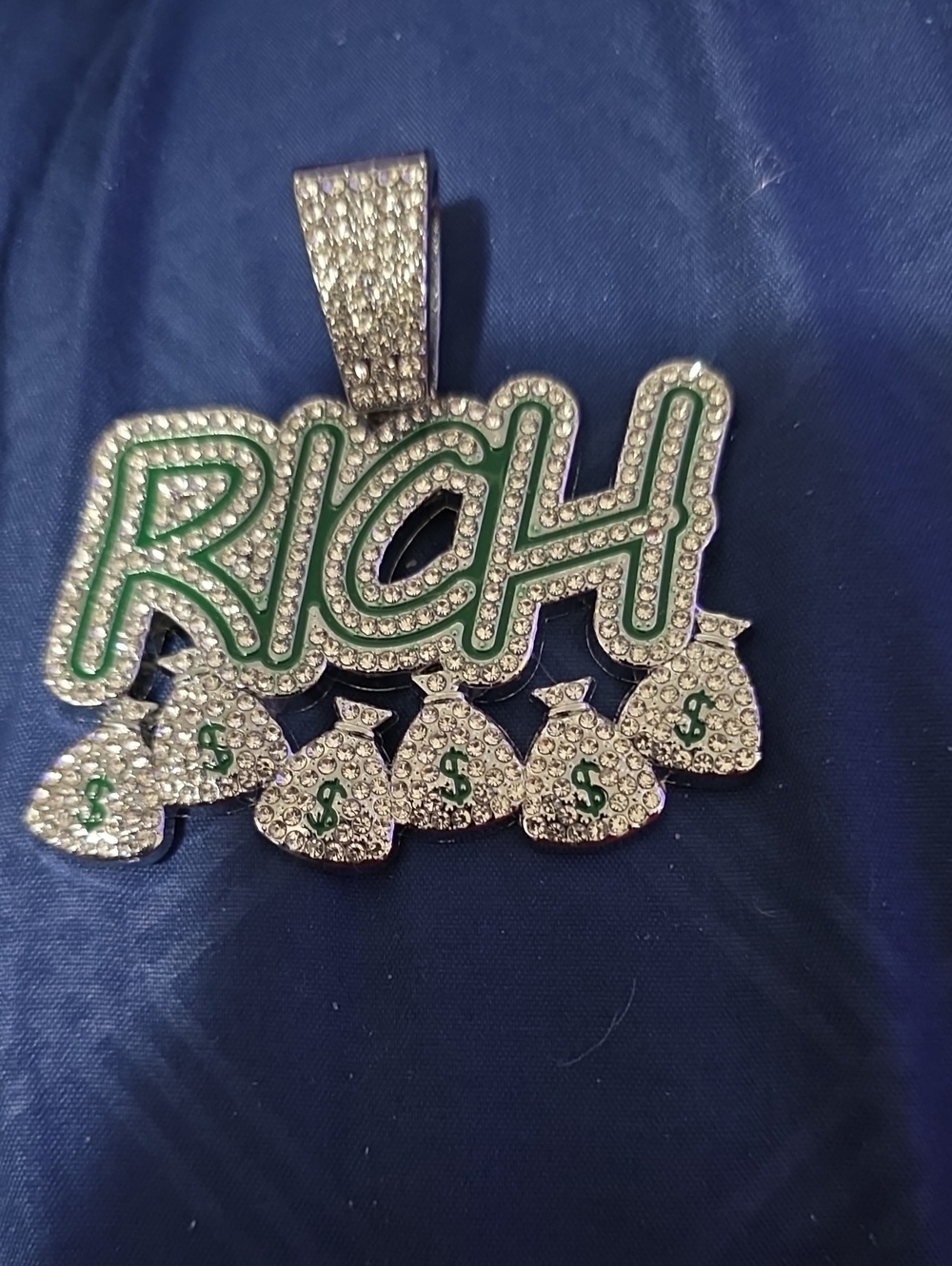 Silver & Green 'RICH' Pendant Necklace Charm - Women's Jewelry